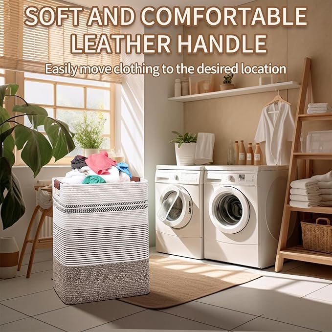 Laundry Hamper, 85L Cotton Rope Laundry Basket, Rice Brown & White | Foldable nursery hamper with leather handles; store blankets, toys, baby clothes and laundry in bedroom or living room
