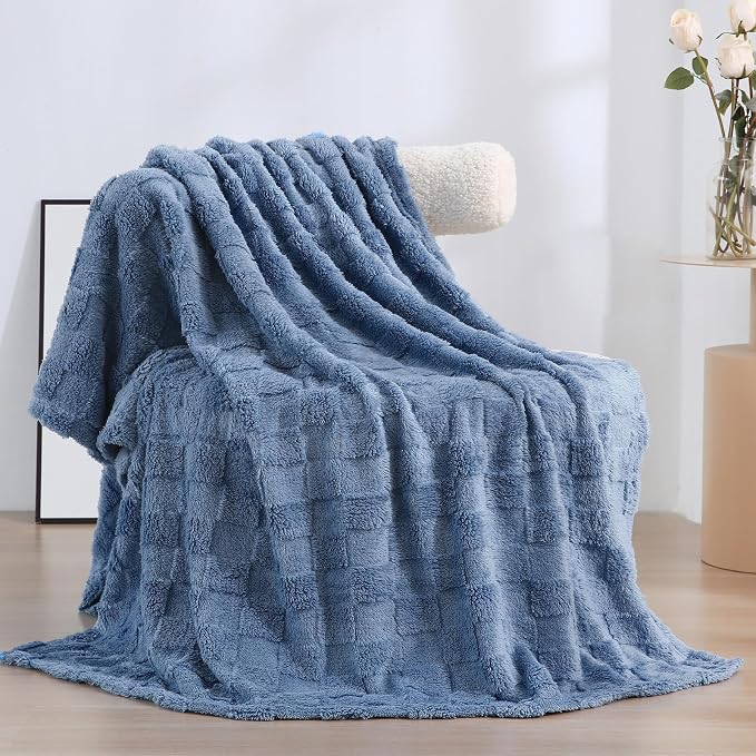 Dusty Blue Fleece Throw Blanket 50”×60”Checkered Design for Couch | Super Soft Cozy Plush Microfiber 3D Square Pattern Flannel Blanket for Sofa Bed Lightweight for Adults,Women