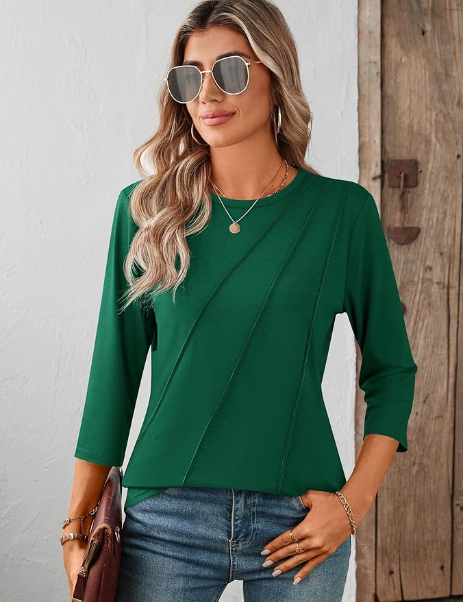 LOMON 3/4 Length Sleeve Womens Tops Spring Summer Fashion 2026 Tops Crew Neck Pleated Shirts Tunic Top Loose Fit
