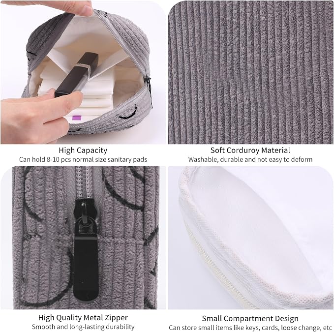 Sanitary Napkin Storage Bag, Corduroy Period Bag for Women, Cute Portable Period Pouch with Zipper, Sanitary Pads Bag Tampons Holder for Purse, First Period
