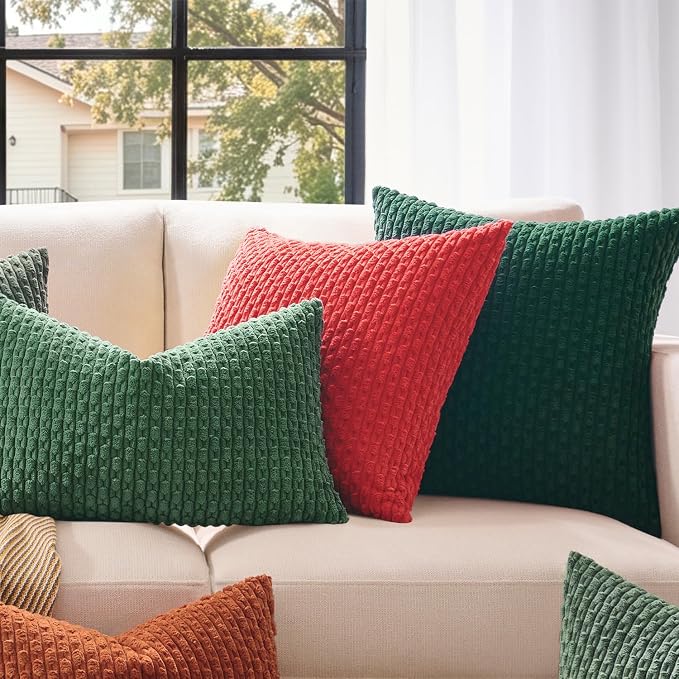 Kevin Textile Soft Corduroy 14"x36" Lumbar Pillow Cover 1 Pack, Dark Green | Boho Stripe Plush Corduroy Decorative Oblong Cushion Cover Modern Farmhouse Home Decor for Sofa Couch Bed Chair