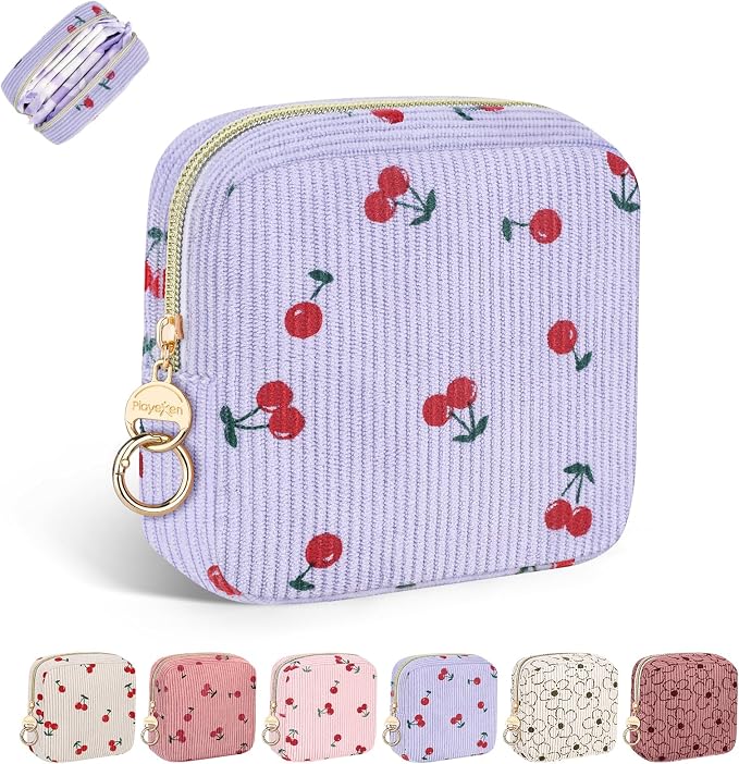Period Bag for Teen Girls, Corduroy Sanitary Napkin Storage Bag, Menstrual Pad Pouches Tampon Holder for Purse (Cherry-Light Purple)