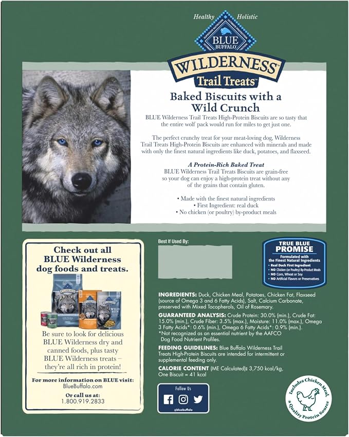 Blue Buffalo Wilderness Trail Treats Duck Crunchy Dog Biscuits, 36 oz | Real Duck #1 Ingredient, High Protein & Grain-Free Dog Snacks, Great for Training, No Artificial Preservatives