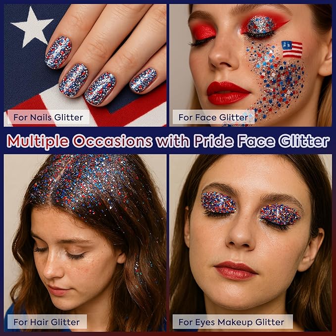 Red White Blue USA Flag Face Body Glitter, Pride Glitter Gel for Hair Nail Art, Holographic Chunky Sequins for Independence Day Patriotic Accessories 4th of July Festival Celebrations for Women