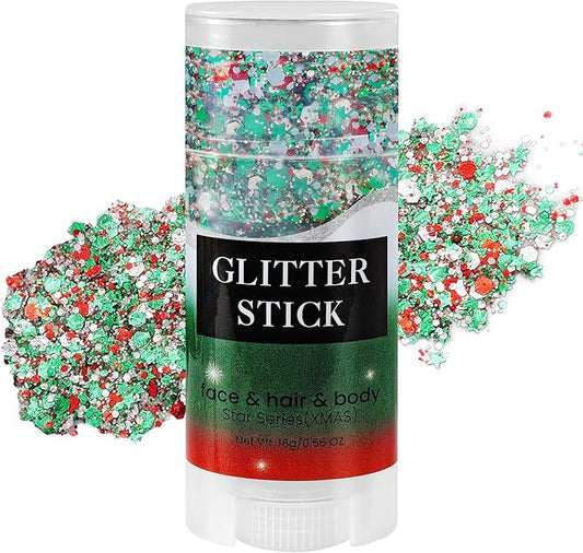 Mysense Red Silver and Green Body Glitter Stick, Christmas Makeup Face Hair Glitter for Kids Women, Stocking Stuffers Gifts Decorations, Sparkling Chunky Glitter Makeup, 0.56oz
