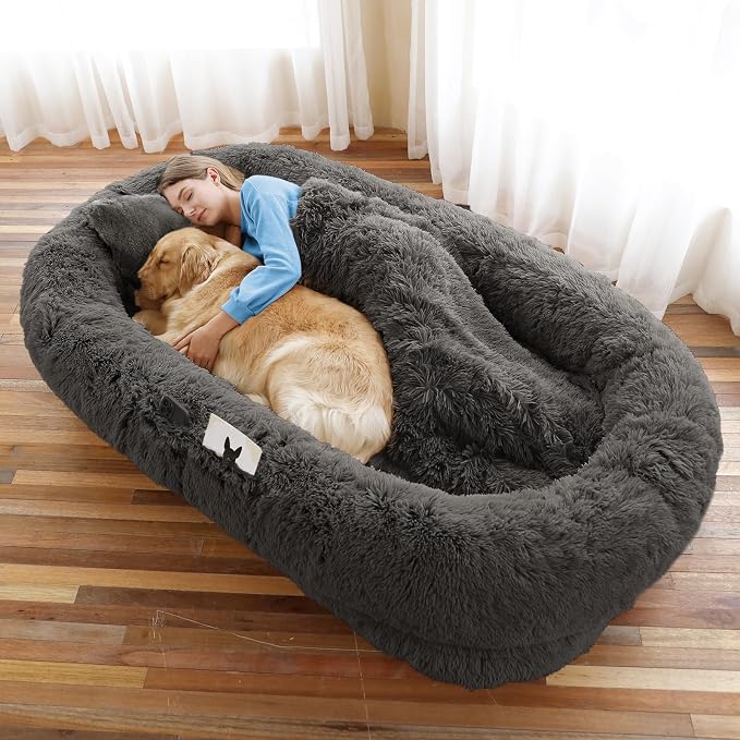 WROS Human Dog Bed for Adult, 71"x45"x12" Giant Calming Nest Bed, Dark Grey | Washable Soft Faux Fur Cover, Orthopedic Foam Support, Non-slip Bottom, Includes Blanket, Strap & Pillow