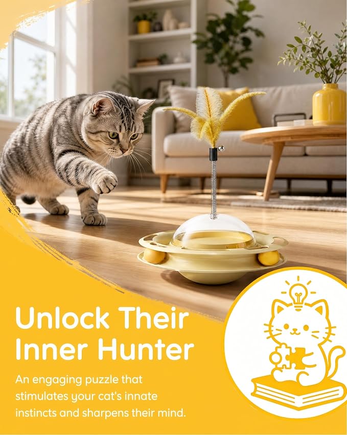 JINTONE Cat Tumbler Toy, UFO Interactive Cat Toy with Rotating Track Ball and Feather Wand, Indoor Enrichment Toy for Kittens and Adult Cats, Treat Dispenser Included