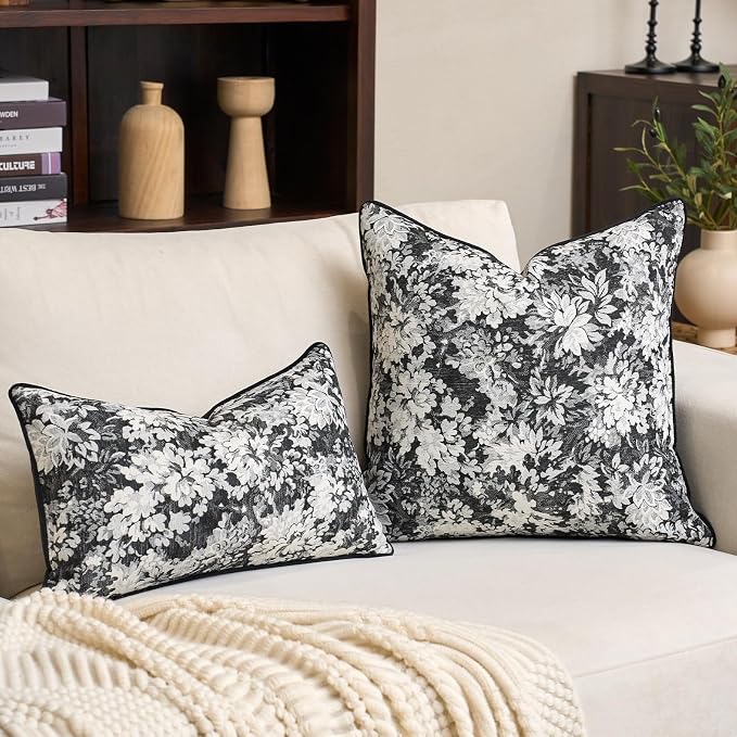 Alerfa Black Neutral Floral Pillow Cover 20 x 20 Inch, Vintage Chenille Square Couch Pillow Cover Soft Decorative Farmhouse Accent Pillowcase for Living Room Bedroom