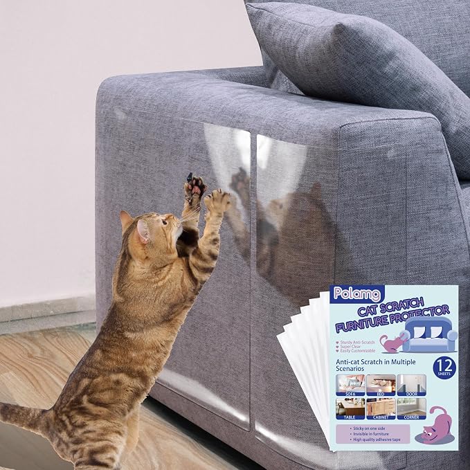 Anti Cat Scratch Furniture Protector 12-Pack Single-Sided, Heavy-Duty Self-Adhesive Tape, No Residue for Couch, Doors & Walls NO PINS
