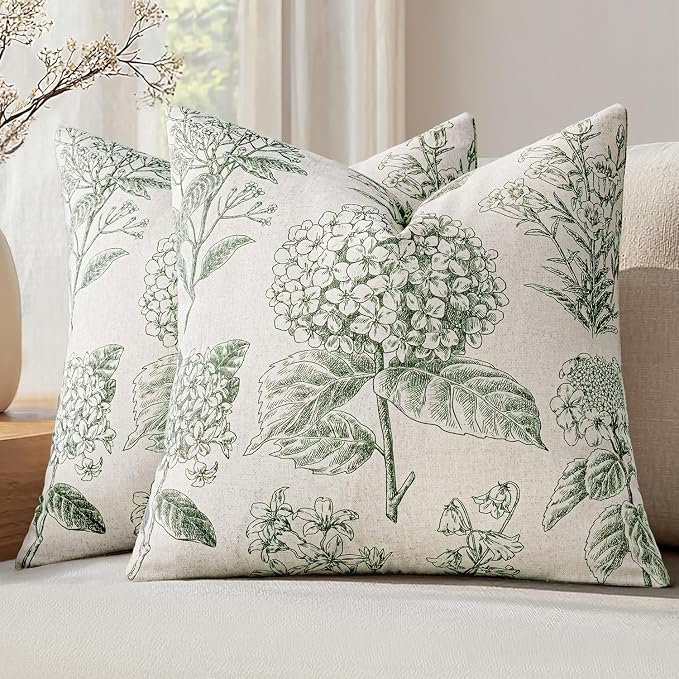 Set of 2 Decorative Floral Pillow Covers 18x18 Inch Dark Green | Neutral Hydrangea Print, Boho Vintage Throw Cushion Covers, Cottagecore Home Decor, for Sofa Couch Porch Bedroom Living Room