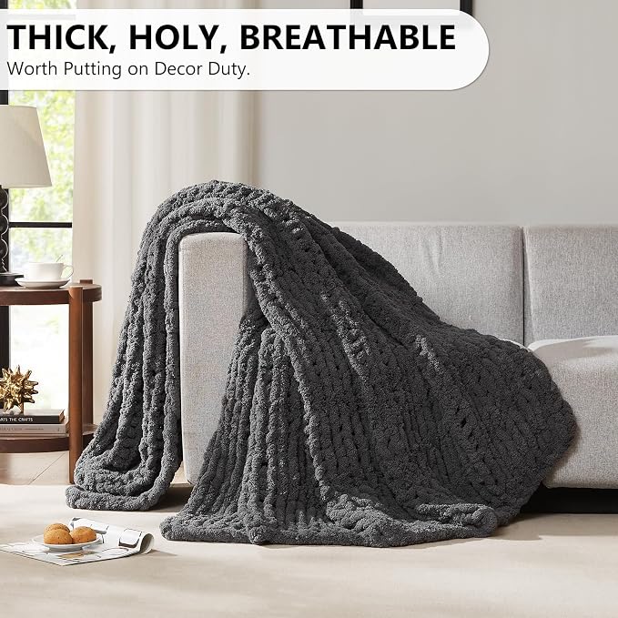 L'AGRATY Chunky Knit Throw Blanket for Couch, 72 x 84 Inches, Dark Grey | Handmade Chenille Crochet Blanket for Sofa Bed, Thick Cable Knitted Blankets for Room Home Decor, Birthday Gift for Women Mom