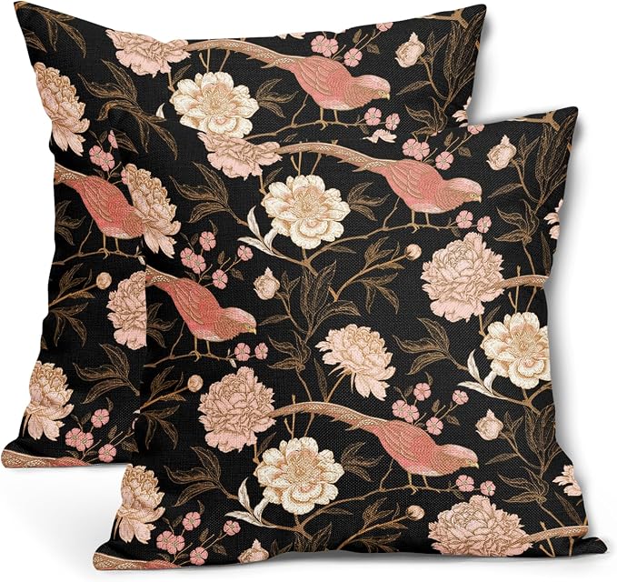 Pink White Roses Floral Pillow Covers 18X18 Inch Set of 2 Retro Flowers Birds Gold Leaf Decorative Pillow Cases Art Vintage Black Cotton Linen Cushion Case Home Decor For Sofa Couch Porch Outdoor