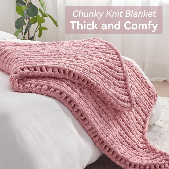 Negwoo Chunky Knit Throw Blanket, Knitted Throw Chenille Yarn, 60"*80" | Soft Thick Cable Knitted Blankets, Handmade Big Thick Blanket, Machine Washable Cute Comfy Blanket for Home Decor, Light pink
