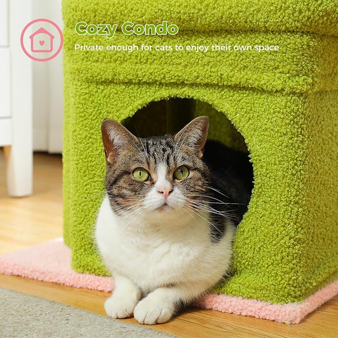 PEQULTI Indoor Cat Tree Tower Small Cats, Sisal Post & Cozy Condo, Pink | Private soft cat condo, soft top perch, natural sisal scratch posts, plush pom-pom toy for indoor kitties