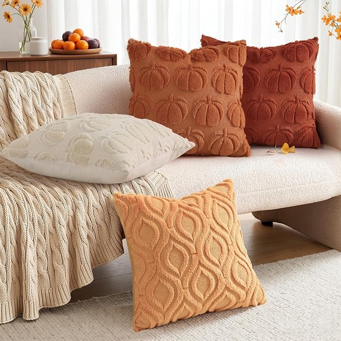 decorUhome Faux Fur Plush Light Orange Throw Pillow Covers 22x22 Set of 2 | Plush Solid Fall Couch Pillow Covers, Accent Modern Farmhouse Neutral Decorative Square Pillow Cases for Sofa Bed Living Room