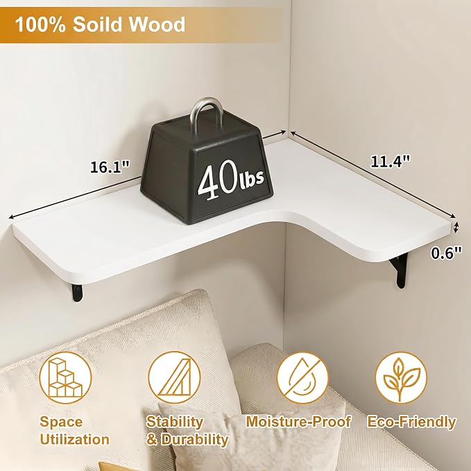 Fixwal Conner Shelves Wall Mounted for Decor, White Set of 5 | Solid wood shelf with metal brackets, holds 40 lbs. Optimizes corner storage. Fits bathroom, kitchen, bedroom & living room.