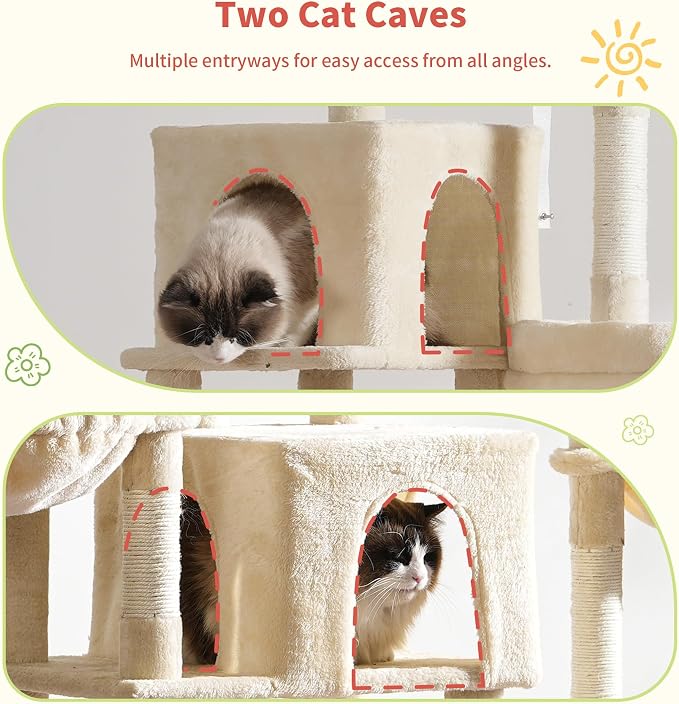Hey-brother Cat Tree Tower with Stable Extended Base, 3 Platforms, MPJ038M | 70.9 Inches Multi-Level Sisal Scratching Posts, Wide Bed, 2 Cozy Condos, 2 Hammocks, Toy Balls for Indoor Cats, Beige