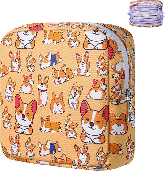 Likesing Period Bag Pouch, Canvas Sanitary Napkin Storage Bag for Girls Womens, Portable Sanitary Napkin Period Pad Pouch for Purse, Small Make Up Bags(Orange Dog)