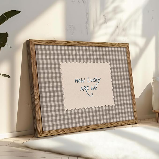 How Lucky Are We Wall Art, Vintage Gingham Inspirational Canvas Wall Decor Painting, Funky Preppy Stripe Quotes Poster Print Picture for Bedroom Dorm Apartment Decor 16x24 Inch Framed