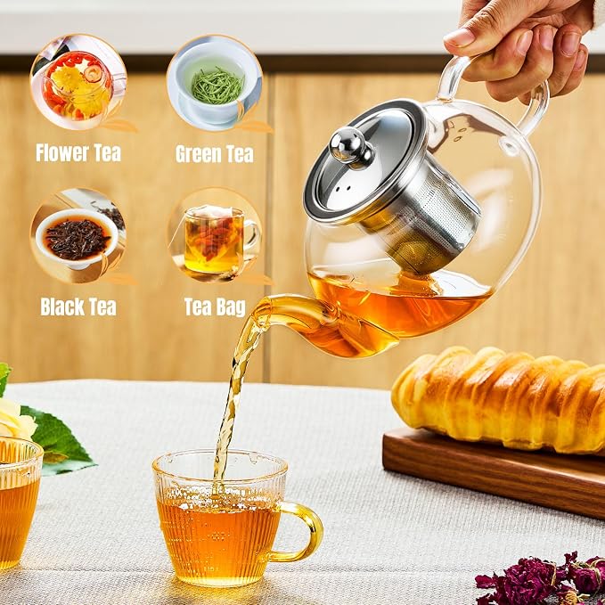 Baalaka Glass Teapot Stovetop 20 OZ/600ml, Tea pot with Removable 18/8 Stainless Steel Infuser, Borosilicate Clear Tea Kettle, Teapot Blooming and Loose Leaf Tea Maker Tea Brewer for Camping, Travel
