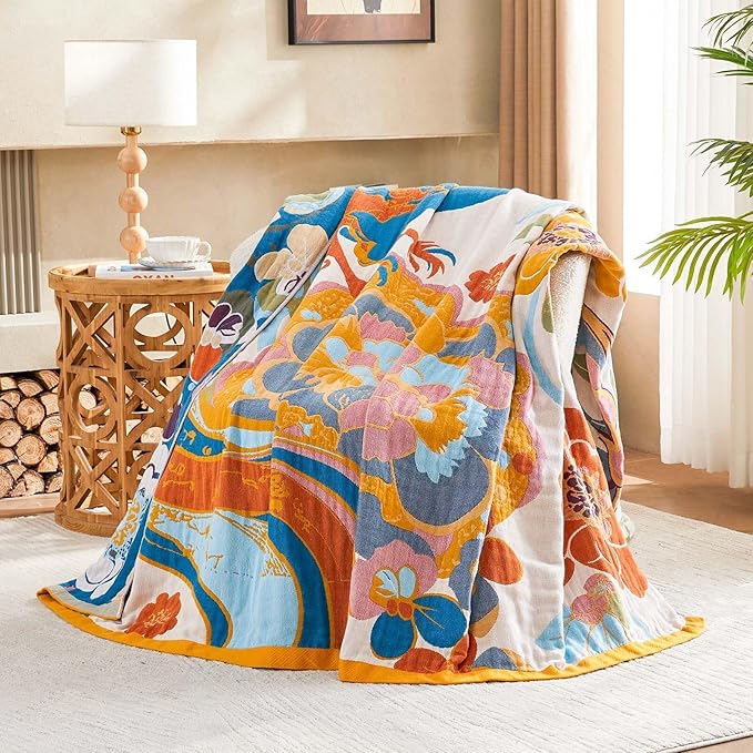 XIBLC Boho Throw Blanket, Lightweight Blankets for Summer, 100% Cotton Bohemian Decorative Throw Blanket, 50"x60" Reversible Muslin Breathable Woven Farmhouse Blankets Quilt,