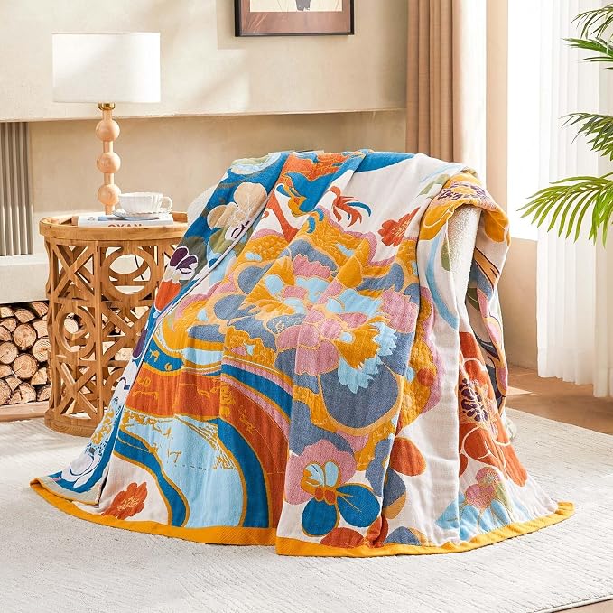 XIBLC Boho Throw Blanket, Lightweight Blankets for Summer, 100% Cotton Bohemian Decorative Throw Blanket, 90"x98" Reversible Muslin Breathable Woven Farmhouse Blankets Quilt,