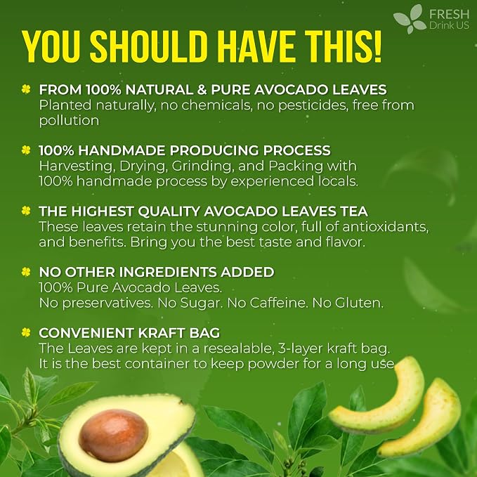 FreshDrinkUS, 120 Avocado Leaves - Loose Leaf - Premium Avocado Leaf Herbal Tea, Caffeine Free Botanical Tea Leaves for Hot or Iced Tea – Natural, Aromatic & Fresh Avocado Leaves