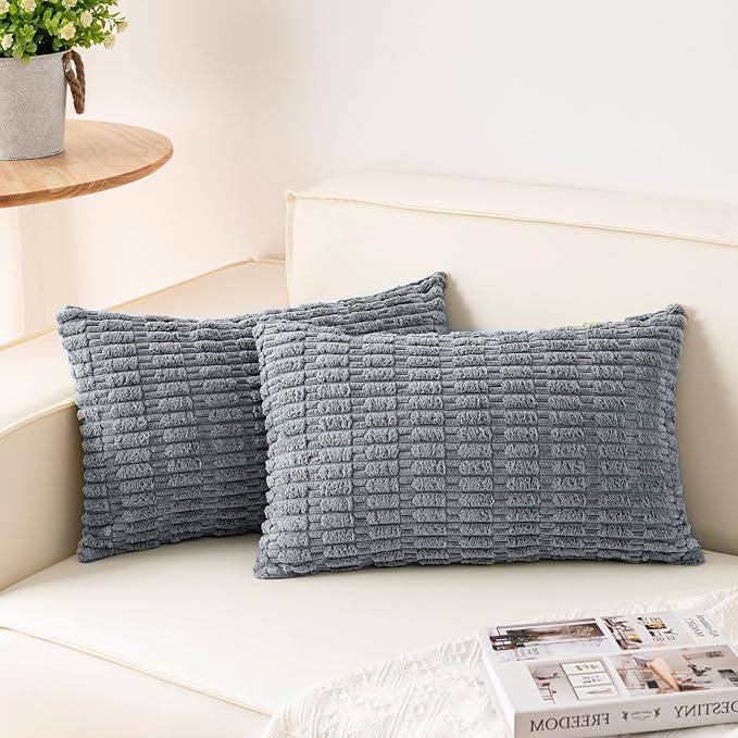 Pack of 2 Corduroy Decorative Throw Pillow Covers 12x24 Inch, Light Grey | Fall Soft Striped Pillow Covers Modern Farmhouse Home Decor Christmas Throw Pillow Covers for Sofa Living Room Couch Bed