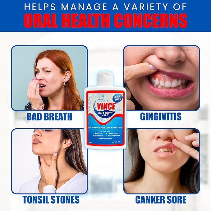 Vince Gum & Mouth Toothpaste Powder - Dentifrice & Mouthwash - Cavity Prevention - Gingivitis - Irritated, Bleeding & Receding Gums - Canker Sore - Bad Breath - Inflammation - Tonsil Stones - 4 Ounce