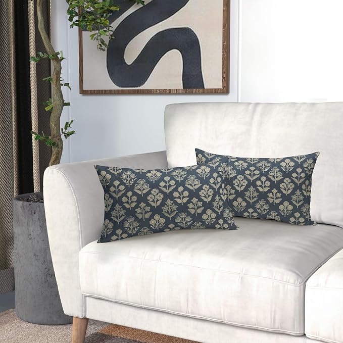 Dusty Blue Pillow Covers 12x20 Inch Set of 2, Cream Floral Block Print Pattern Lumbar Decorative Throw Pillowcases Outdoor Farmhouse Rectangle Cushion Covers Spring Summer Sofa Couch Bed Decor