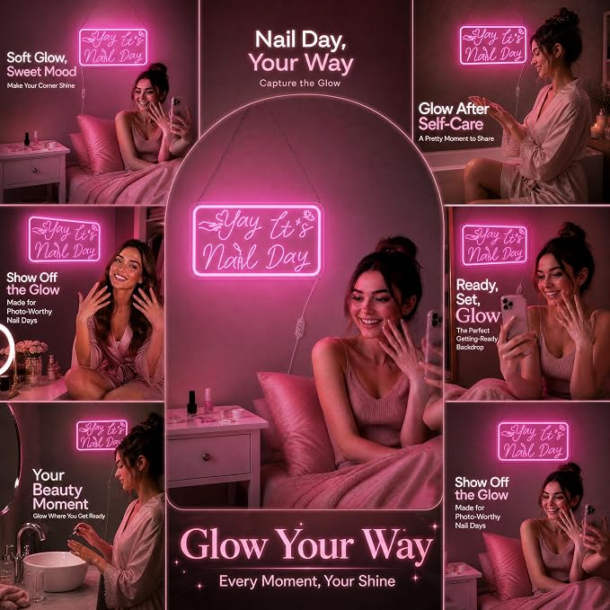 Pink Neon Sign, Yay It's Nail Day LED Neon Light Sign with Motion Sensor & 3-Key Dimmable Mode, USB Powered Neon Signs for Wall Decor, Nail Salon Decor, Nail Room Decor, Teen Girl Room Decor, Stylish Nail Tech Gifts for Women
