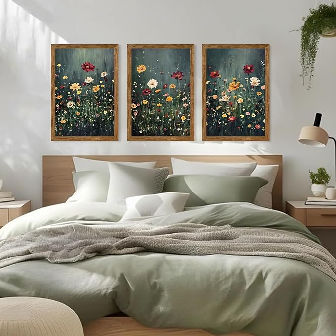 Urmoya 3 Pieces Moody Wildflower Dark Academia Floral Wall Art, 16x24 in | Vintage nature floral landscape wall decor, Wood framed, Ready to hang, Canvas art prints, over sofa, Bedroom, Office