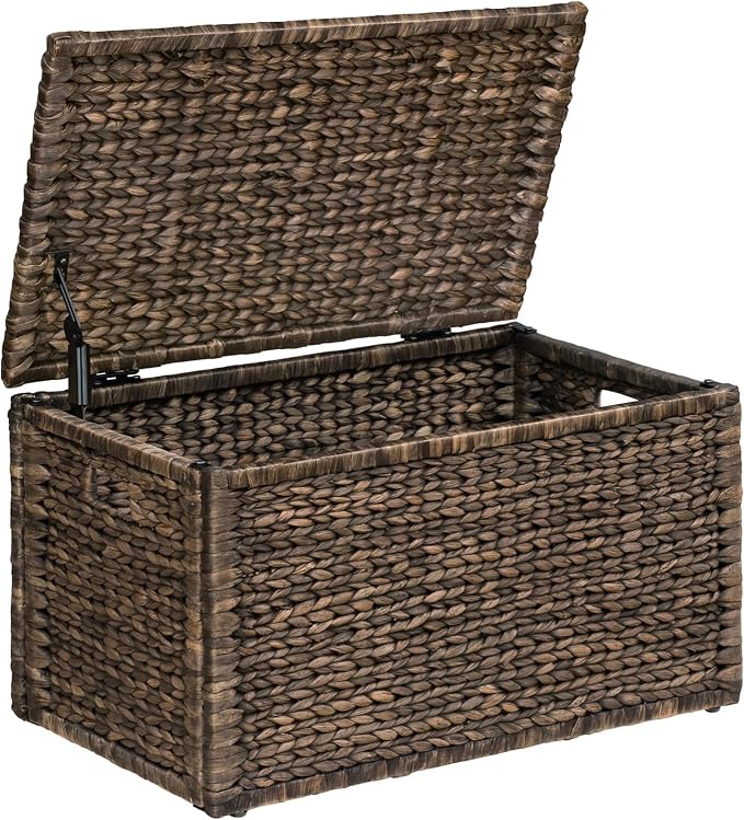 Water Hyacinth Wicker Storage Trunk, Brown Wash, 30x17.5x17.5 | Safety Hinge, Heavy-duty, Metal Frame