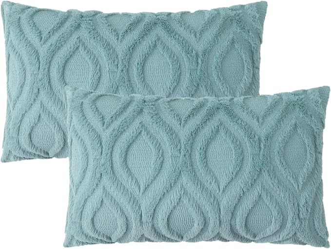 decorUhome Faux Fur Plush Soft Aqua Throw Pillow Covers 12x20 Set of 2 | Plush Solid Fall Couch Pillow Covers, Accent Modern Farmhouse Neutral Decorative Square Pillow Cases for Sofa Bed Living Room