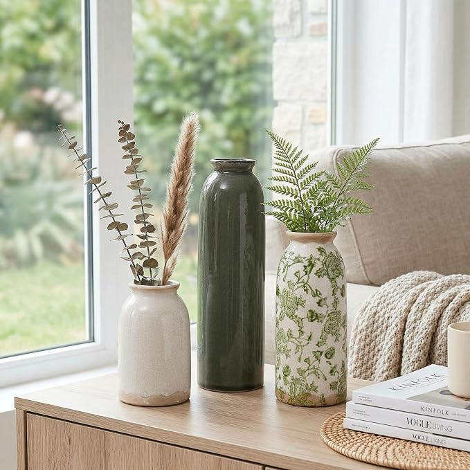 Vintage Ceramic Vase Set of 3, Flower Small Chinoiserie Vase Rustic Modern Farmhouse Centerpiece Decorative Pottery Vases for Table Mantel Entryway Bookshelf Living Room Kitchen Home Decor