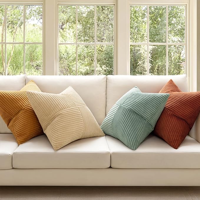 MIULEE Fall Teal-Orange Decorative Throw Pillow Covers 24x24 Inch Set of 4 Boho Corduroy Striped Cushion Cases Modern Farmhouse Patchwork Pillow Cases for Couch Sofa Bedroom Home Decor
