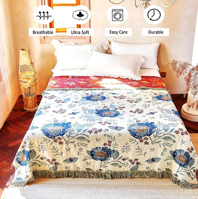 VANJOROY Boho Throw Blanket, 100% Organic Cotton Breathable Ultra Soft Bed Quilt Throw - All Season Floral Bird Butterfly Farmhouse Decor Blanket for Sofa Couch Chair and Gift. 80" x 90"