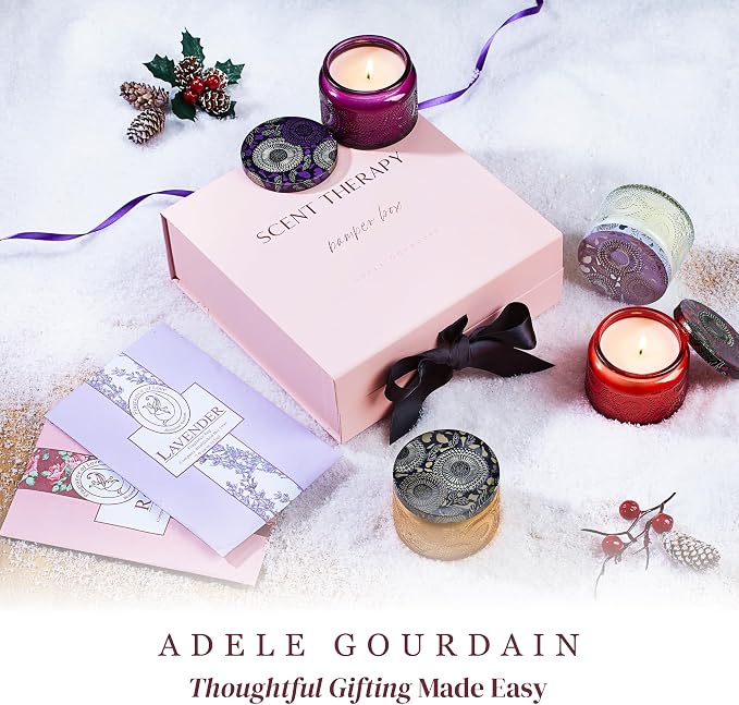 6-pc Scented Candle Gift Set for Women, Aromatherapy Inspired Adelegourdain | Incl. 4 Soy Wax Candles and 2 Fragrance Packets - Gift Ready Box - Scents incl. Bergamot, Maldivian Breeze, Jasmine, Berries