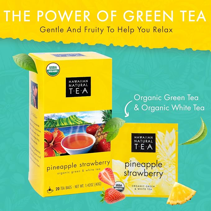 Hawaiian Natural Tea Pineapple Strawberry Flavored Organic Tea - Tropical Fruit Green Tea Blend with White Tea - Perfect Daily Cup & Gift for Tea Lovers - 120 Tea Bags
