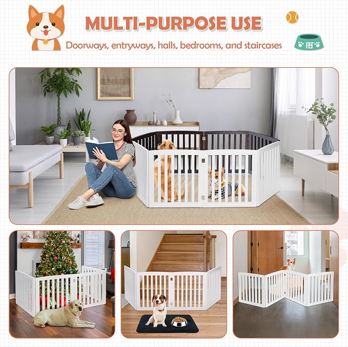 Pet Republic Dog Gate Pet Gate Indoor for Stairs Doorways 82x24 Inch 4 Panels Dog Fence Extra Wide Wooden White