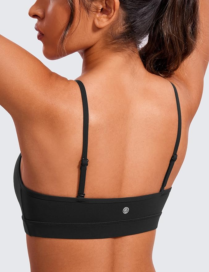 CRZ YOGA Butterluxe V-Neck Sports Bras for Women - Adjustable Thin Straps Padded Yoga Top Basic Wireless Camisole