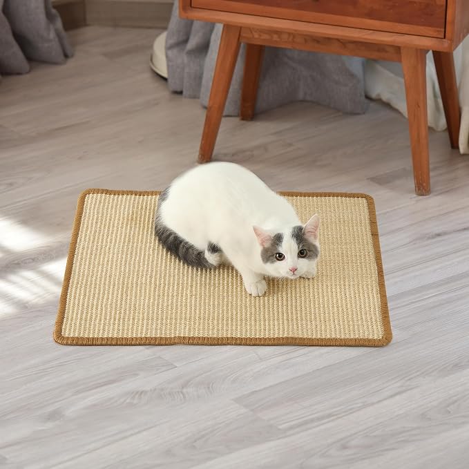 FUKUMARU Cat Scratcher Mat, 23.6 X 15.7 Inch Natural Sisal Cat Scratch Mat | Horizontal Cat Scratching Pad Mat Floor Rug with Sticky Tapes, Cat Wall Scratcher for Indoor Cats, Protect Couch and Carpet