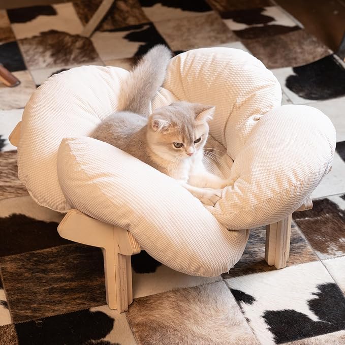 Elevated Cat Bed for Indoor Cats Couch Sofa Flower | Pet Beds with Soft Washable Cushion, Stable Wooden Frame, Raised Cat Hammock & Furniture for Kitty & Puppy All-Season(White)