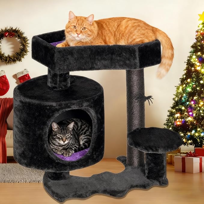 BEWISHOME Cat Tree for Indoor Cats, Gothic Cat Tree with Coffin Bed | Goth Cat Tree Tower with Scratching Posts/Board, Cat Condo/House/Shelves for Kittens, Spider Toy, Black and Violet Small