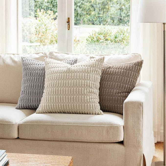 MIULEE Lumbar Corduroy Decorative Throw Pillow Covers 12x20 Cream White | Pack of 2 Soft Boho Striped Pillow Covers Modern Farmhouse Home Decor For Sofa Living Room Couch Bed