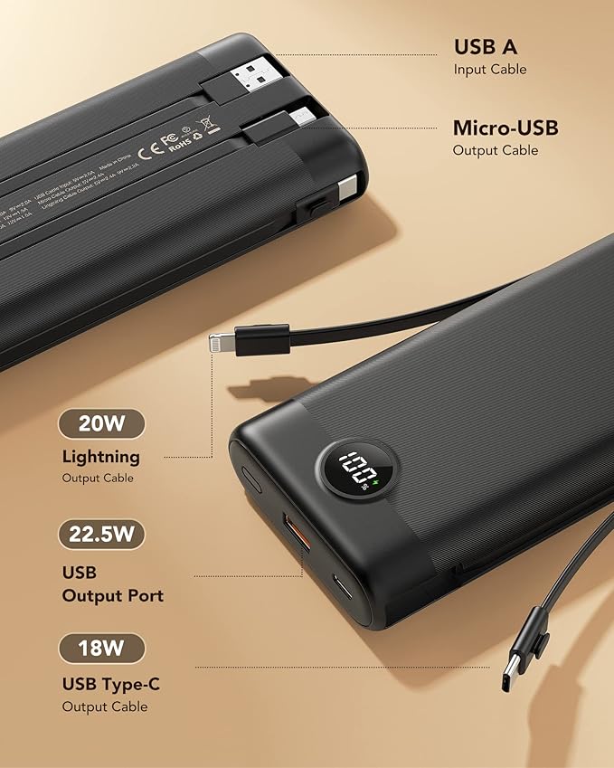 VEEKTOMX Portable Charger,30000mAh Power Bank with Built-in Cable and 22.5W Fast Charging,Travel Camping Essential,for iPhone 17/16/15/14, Android, etc(1 Pack)