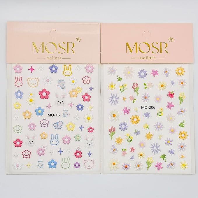 3D Embossed Korean Style Spring Bloom Nail Art Stickers, Flowers, Butterflies, Bunnies, Rainbow, Hearts, Self-Adhesive, Easy DIY for Everyday Outfit. (Bunny+Daisy) 2-Pack