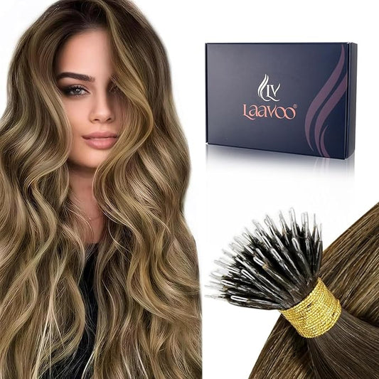 LaaVoo Nano Bead Hair Extensions Human Hair Nano Extensions Balayage Dark Brown to Caramel Brown Nano Hair Extensions Human Hair Ombre Brown Cold Fusion 50s 50g 16 Inch