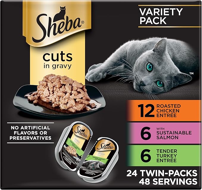 Sheba Perfect Portions Cuts Wet Cat Food, Multipack, 2.6 oz, 24 ct | Grain-free, Chicken, Salmon & Turkey flavors, protein-rich, no corn or soy, essential vitamins & minerals, twin-pack trays