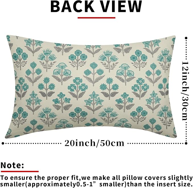 Teal Grey Gray Floral Pillow Covers 12x20 Inch Set of 2, Block Print Lumbar Flower Cream Decorative Throw Pillowcases Outdoor Farmhouse Rectangle Cushion Covers Spring Summer Sofa Couch Bed Decor